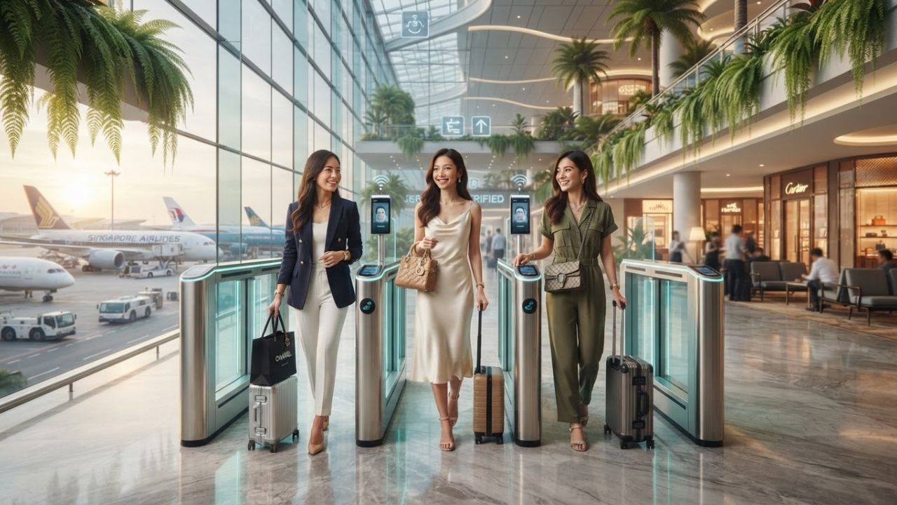 A passenger undergoing biometric facial recognition scanning at a modern airport smart gate