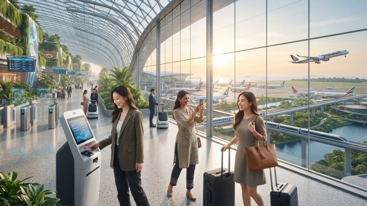 A architectural rendering of a modern futuristic airport terminal dome in Asia