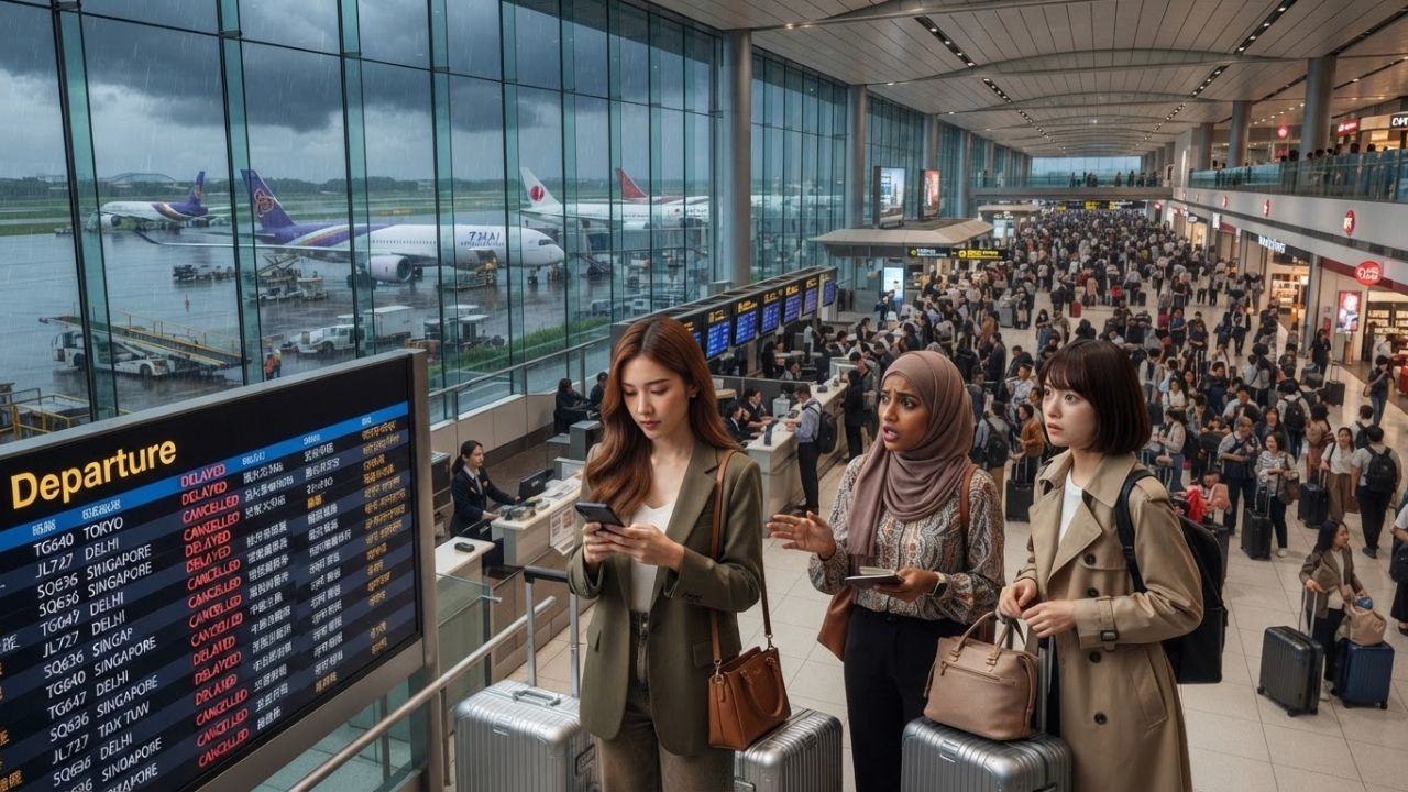 Airplane tail fins at Asian airport showing flight disruptions