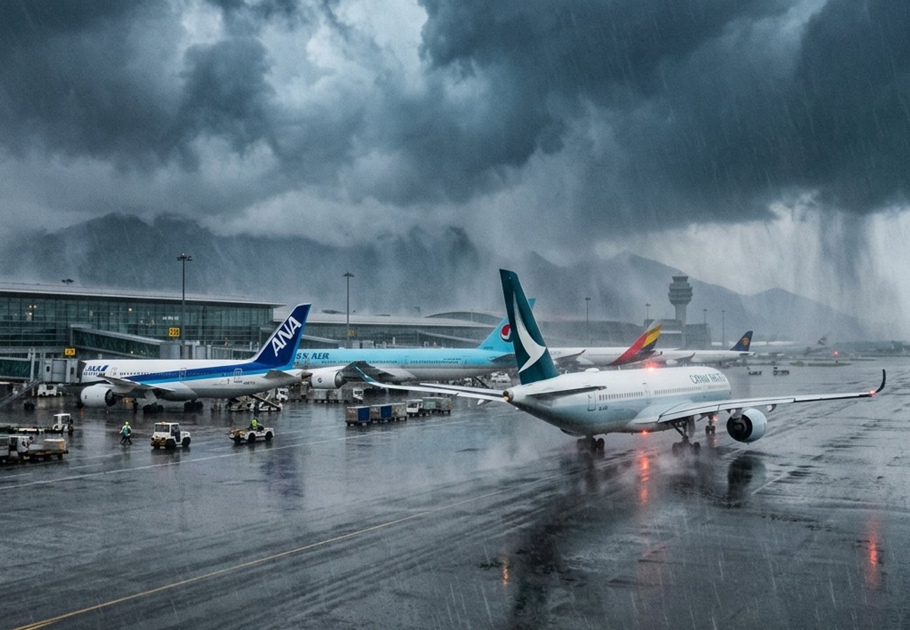 A busy airport runway in East Asia with parked commercial jets under heavy rainfall and thunderstorm clouds