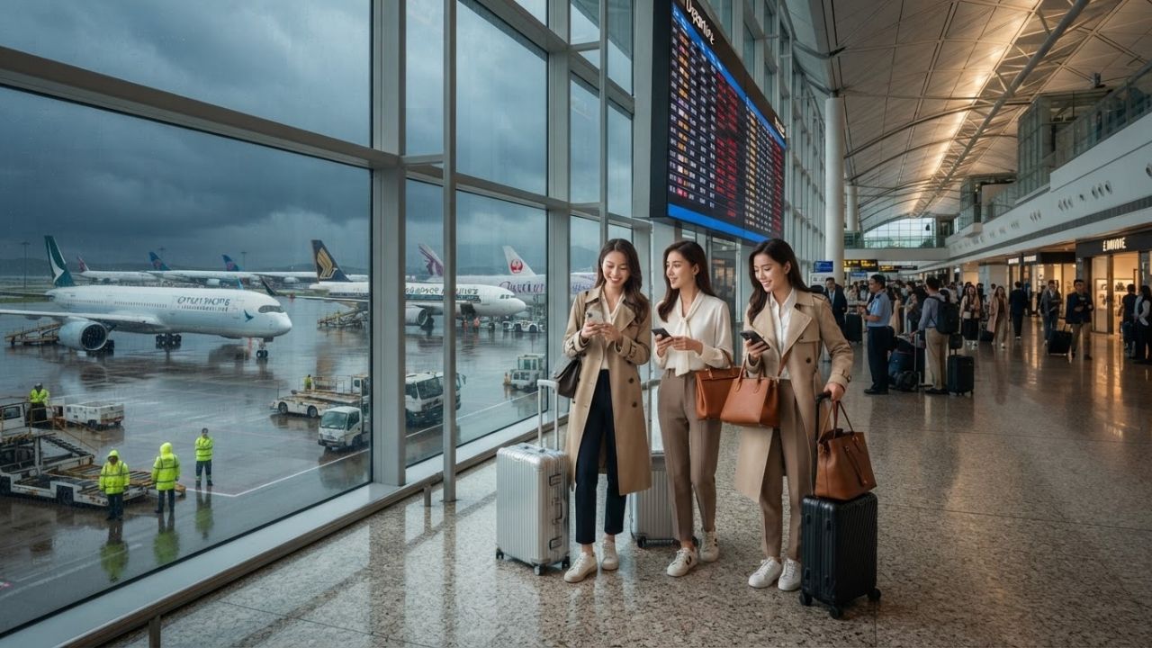A departure schedule screen showing massive delays and cancellations at an international airport in Asia