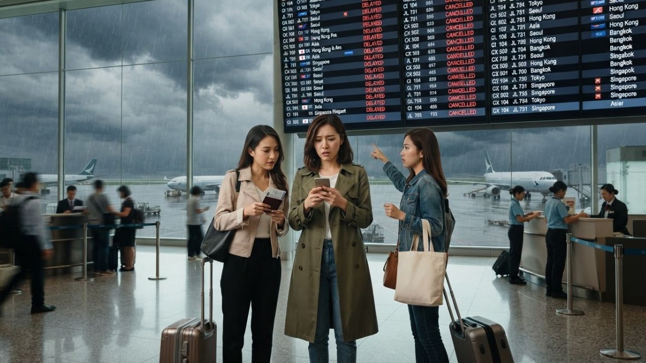 Crowded airport departure hall in Asia with passengers waiting during flight cancellations