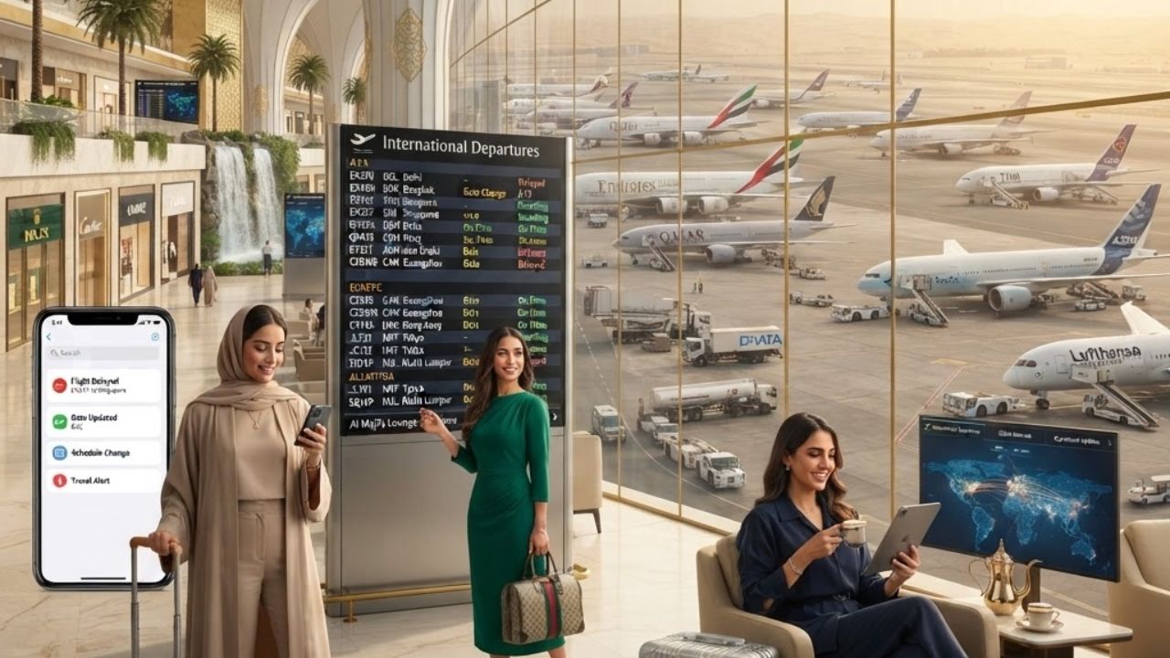 A busy international passenger terminal transit area with travelers viewing flight status monitors