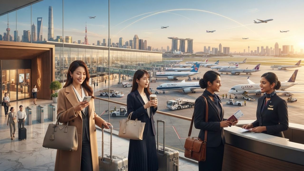 Crowded airport terminal check-in hall with passengers lining up in front of check-in desks in Asia
