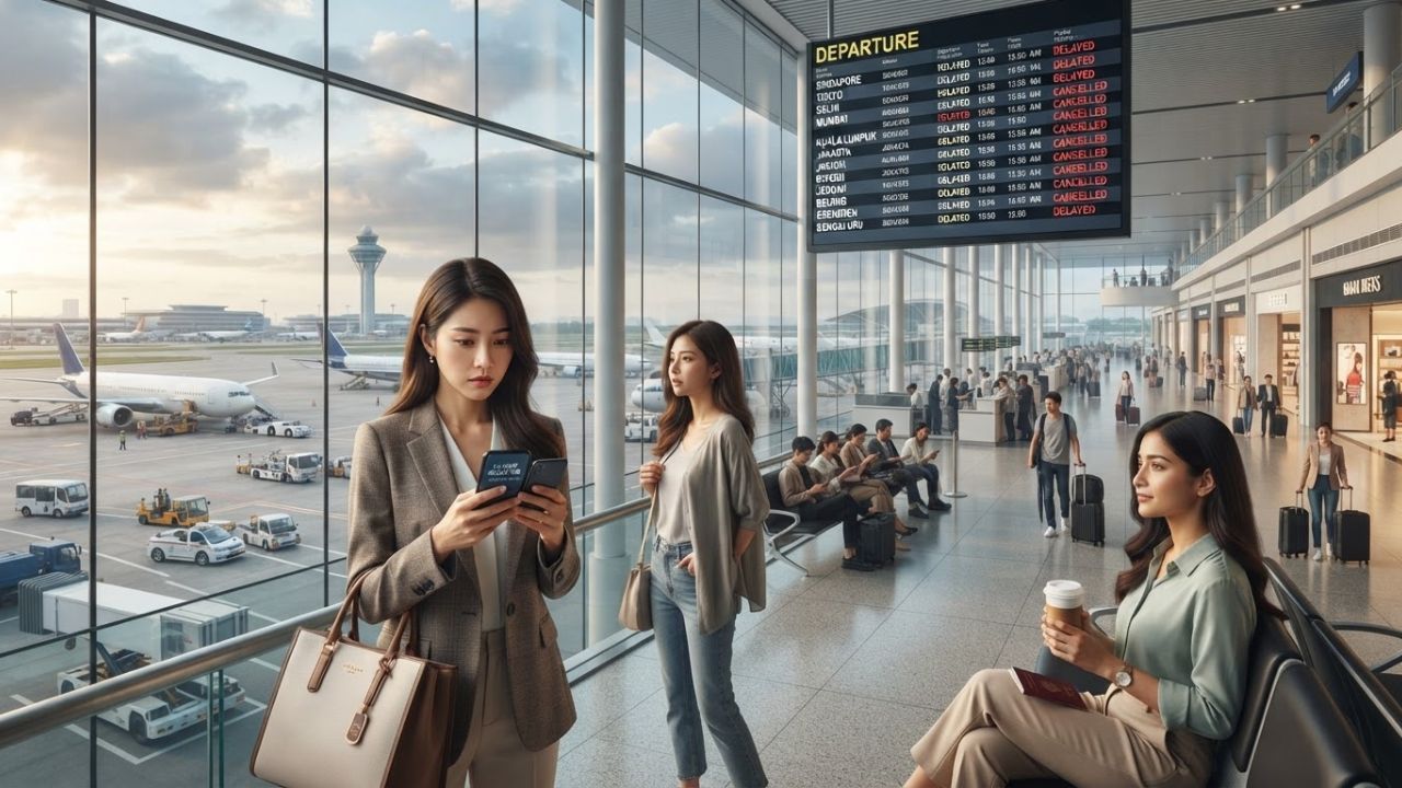 Crowded airport terminal in Asia with passengers checking departure boards during delays