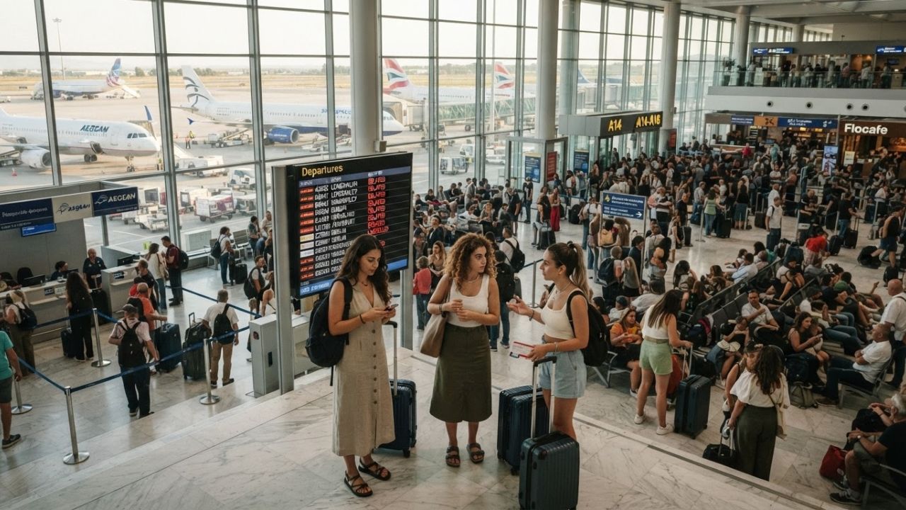 A terminal hall filled with travelers looking at departure screens at Athens Airport