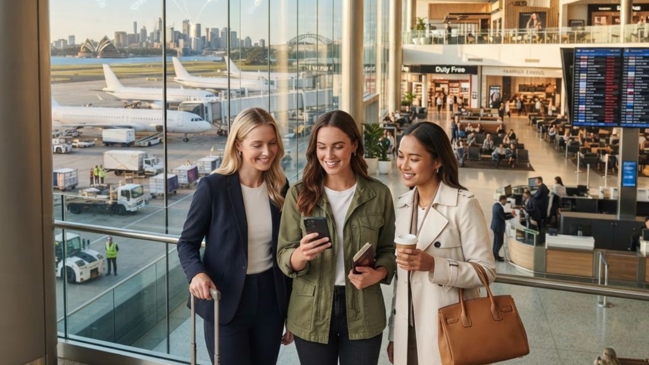 Passengers waiting in line at the departure terminal of an Australian airport