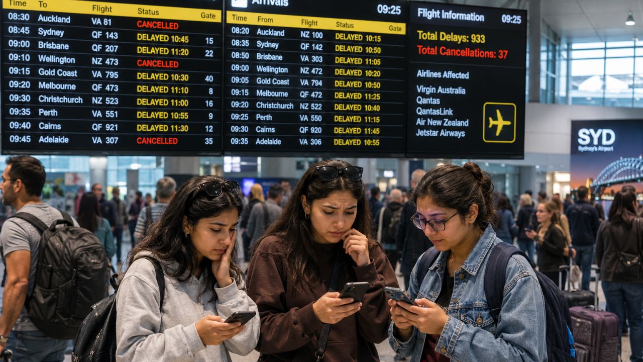 Commercial jetliners parked at a major airport terminal gate in Australia