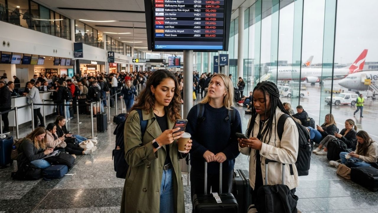 Passengers waiting in terminal representing flight delays and cancellations in Australia