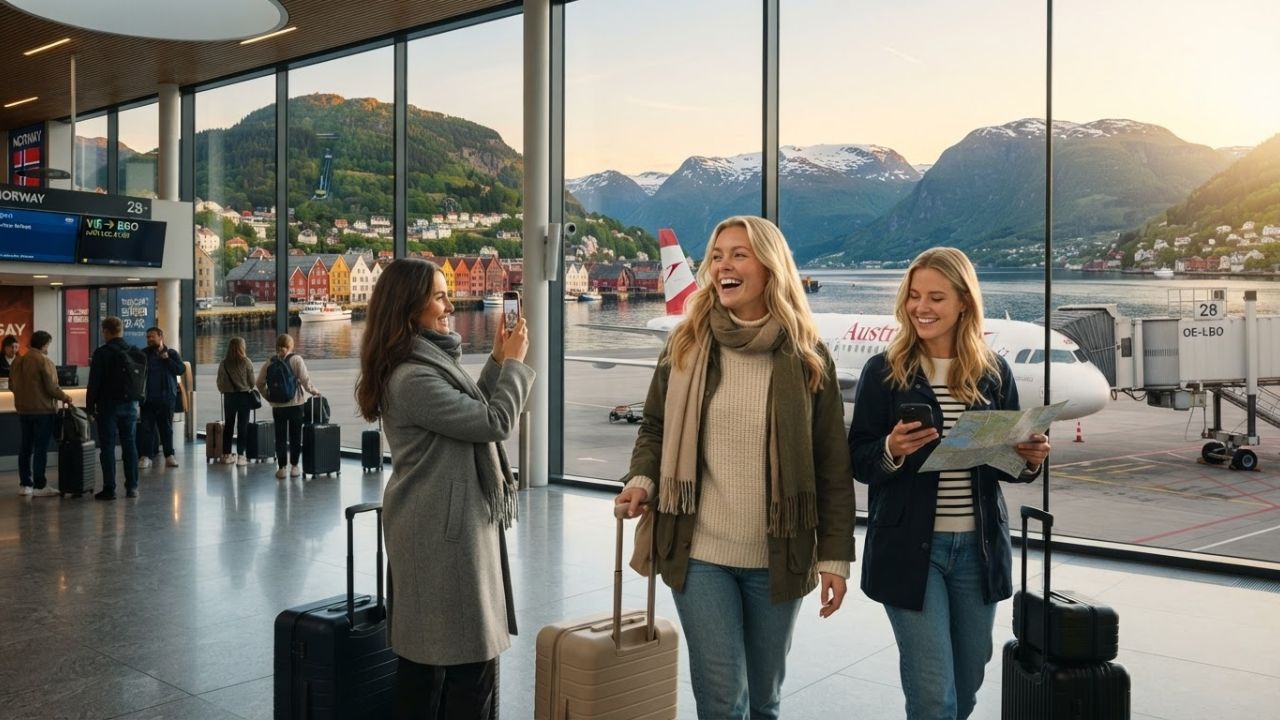 Austrian Airlines Airbus A320 landing at Bergen Airport Flesland with scenic mountains in the background