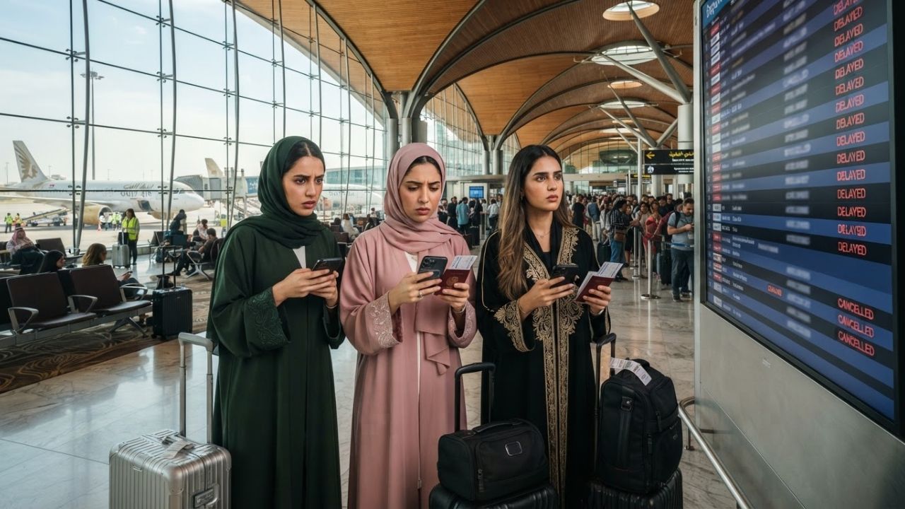 Passenger terminal at Bahrain International Airport during flight delay disruptions