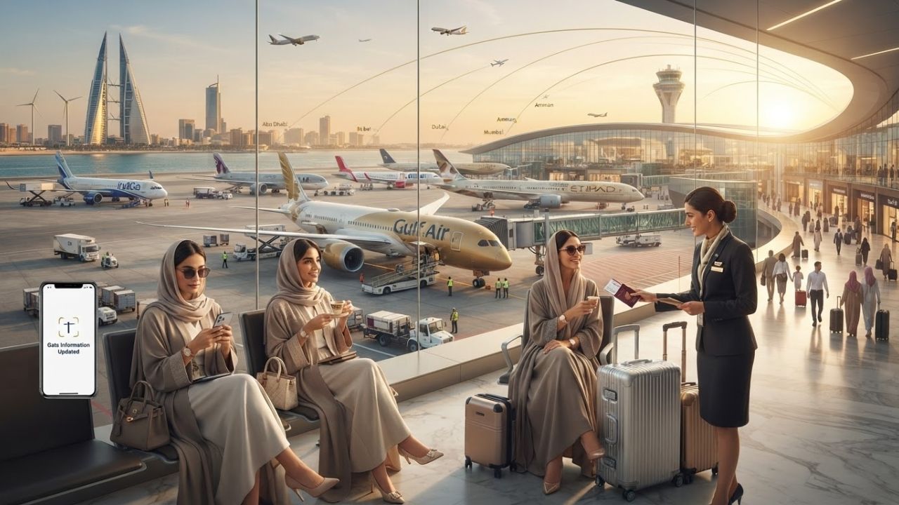 Passenger airliner taxiing past the modern terminal building of Bahrain International Airport