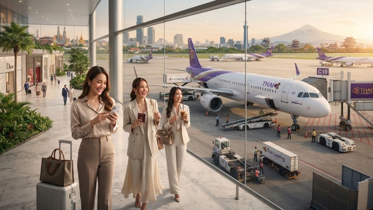 A Thai Airways Airbus A321neo passenger airplane landing at Bangkok Suvarnabhumi Airport