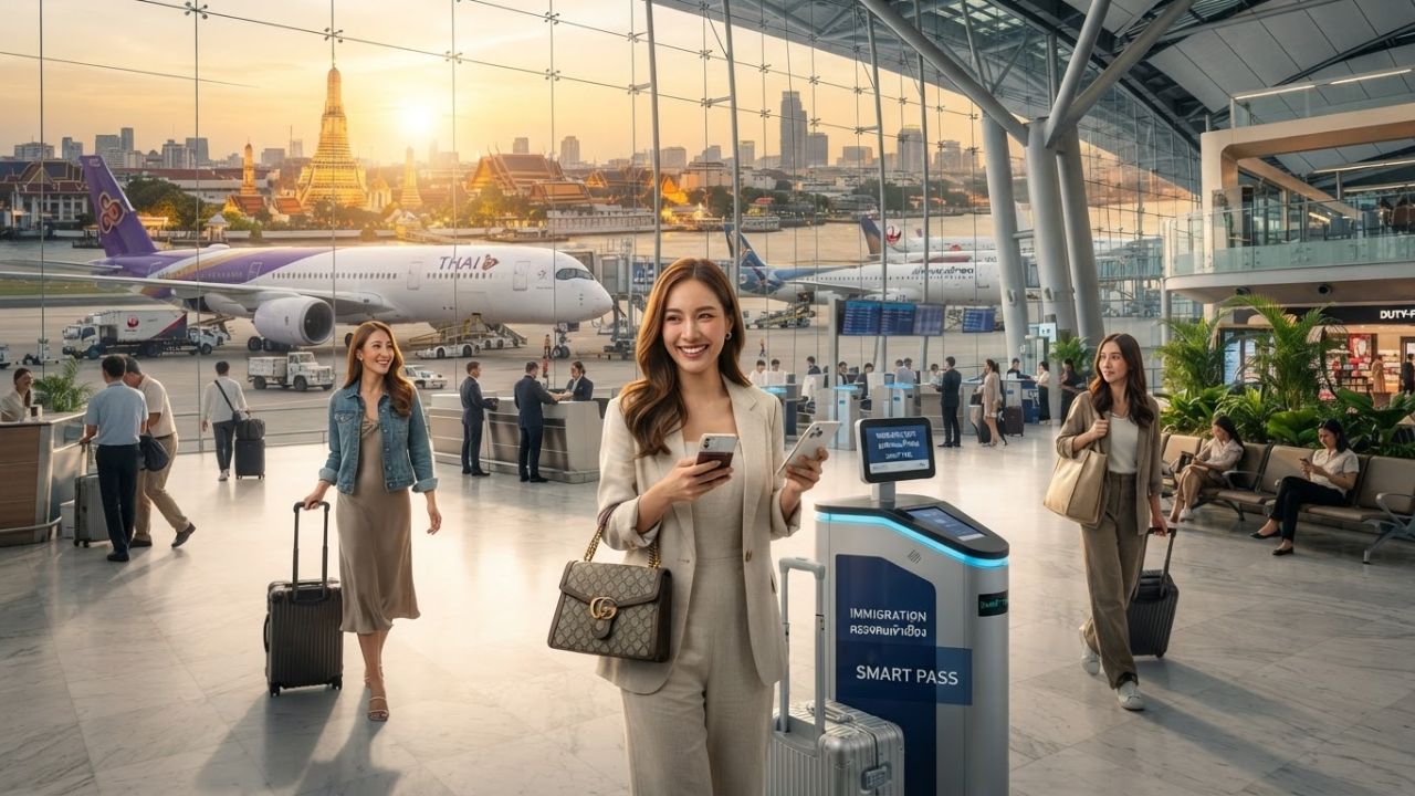 A view of the modern passenger terminal and architectural canopy at Bangkok Suvarnabhumi Airport