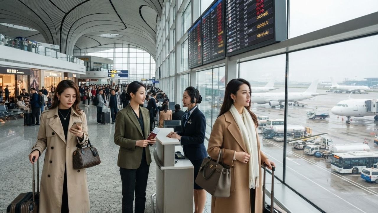 A busy airport tarmac with multiple commercial passenger jets parked at gates under overcast skies in Beijing