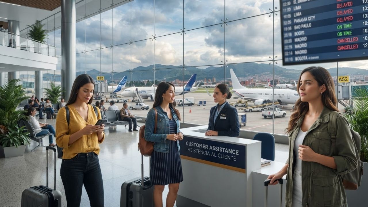 A terminal exterior view of El Dorado International Airport in Bogota Colombia with passengers and taxis