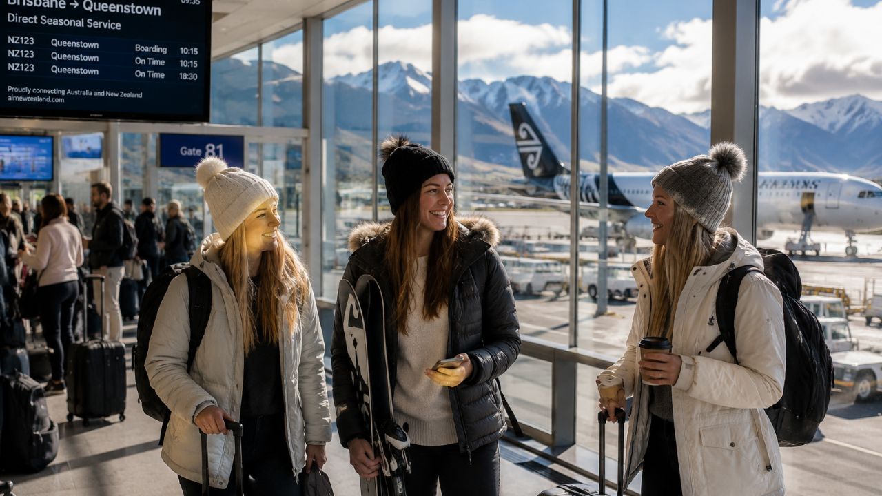 Air New Zealand plane landing at Queenstown Airport against the backdrop of snow-capped mountains