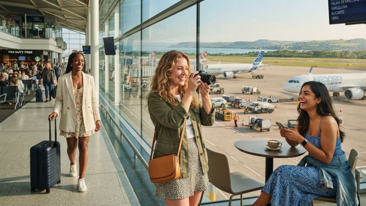 A busy terminal building at Bristol Airport with passengers boarding flights under summer skies