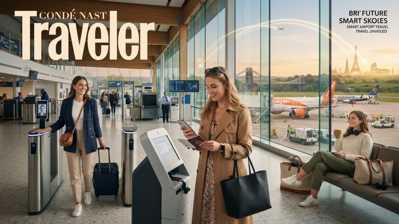 Passengers waiting at terminal check-in queues at Bristol Airport during peak summer season