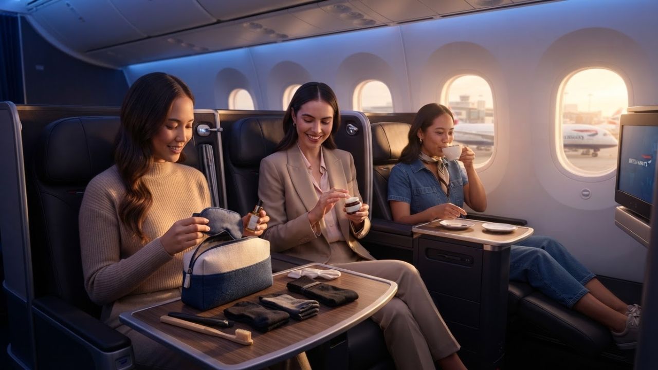 A premium business class seat showing a newly designed fabric amenity kit resting on a leather armrest
