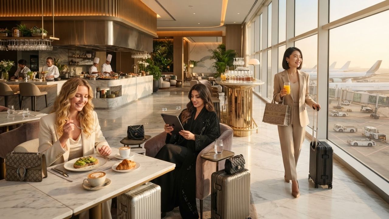 A luxurious airport lounge bar with premium drinks, ambient lighting, and views of airplanes parked at terminal gates