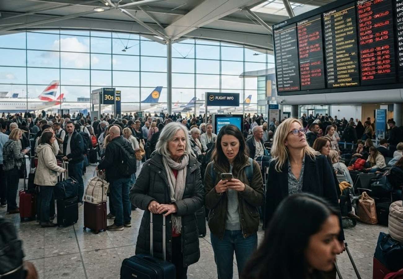 British travelers navigating EES biometric border control queues at European airports