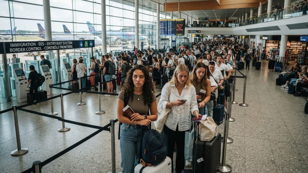 A long queue of passengers waiting at the immigration border control at Brussels Airport