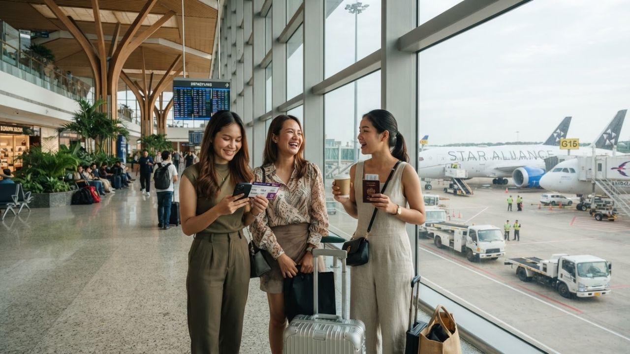 Airliners parked at terminal gates in modern international airport