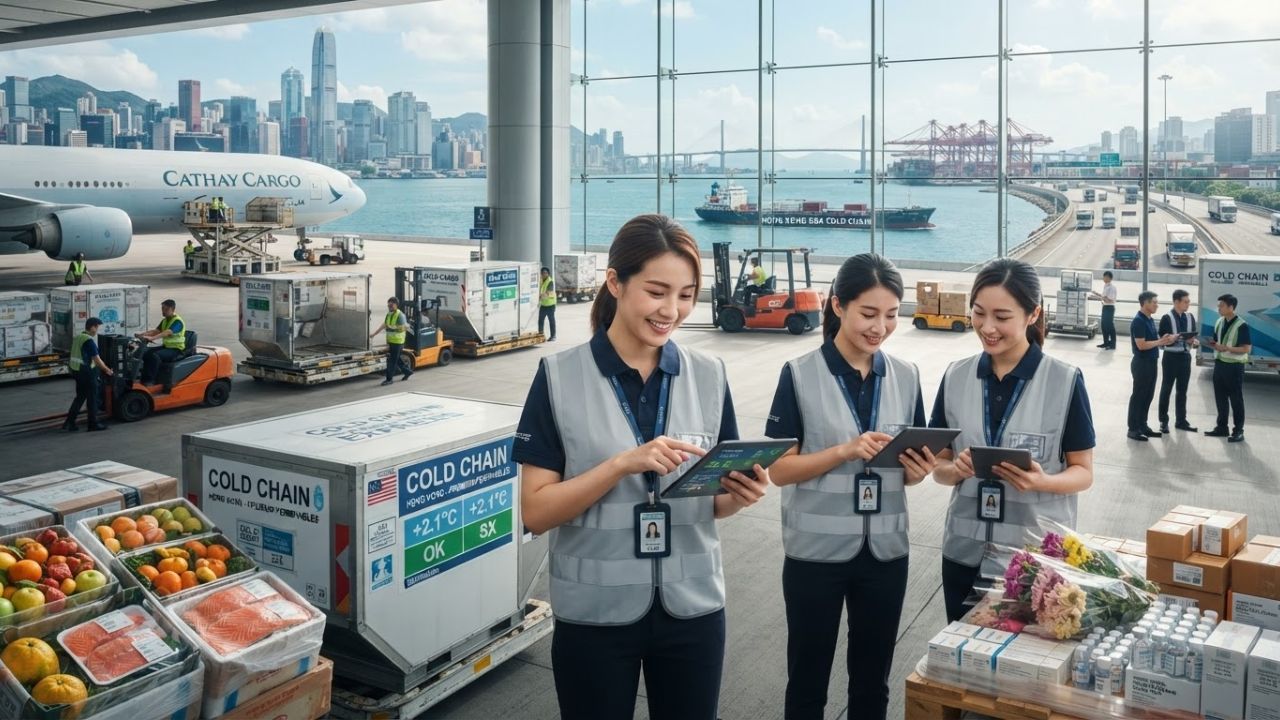A heavy cargo aircraft loading temperature-controlled shipping containers at a Hong Kong logistics hub