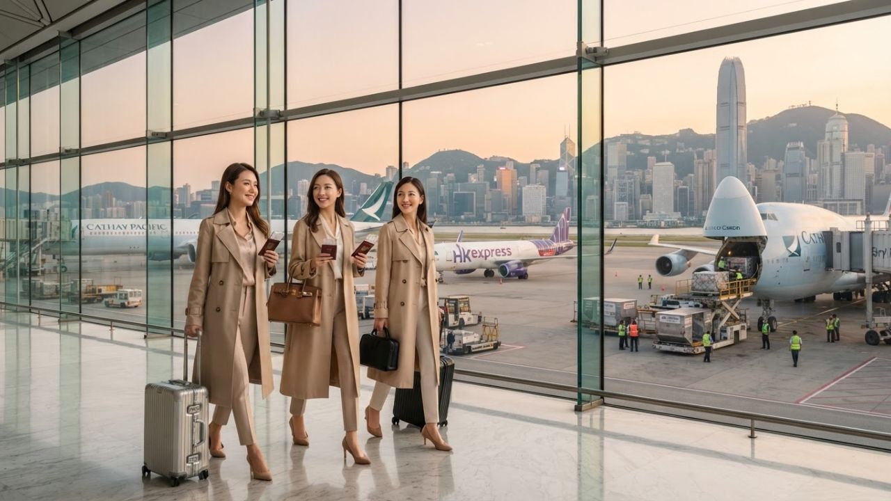 A Cathay Pacific Airbus A350 passenger airliner parked at Hong Kong International Airport terminal gate