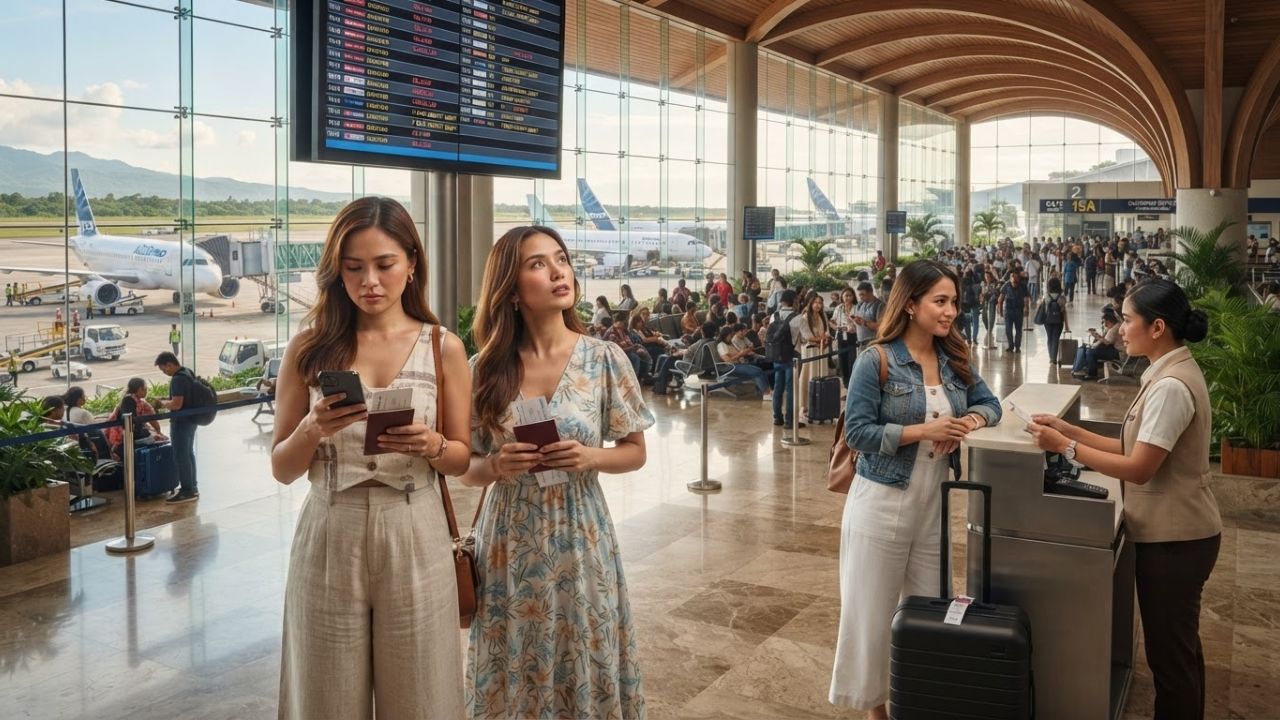 Heavy passenger traffic waiting inside terminal building at Mactan-Cebu International Airport representing flight delays