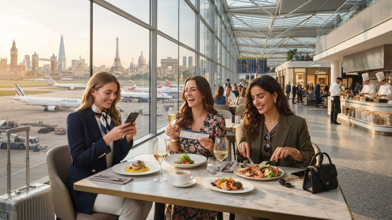 A beautifully plated gourmet meal next to a glass of wine inside a premium airport restaurant overlook runways