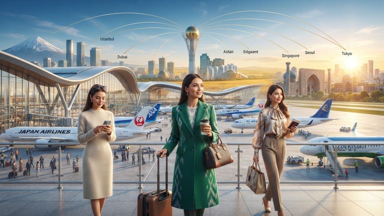 A passenger airplane flying above a modern airport terminal in Central Asia under blue skies