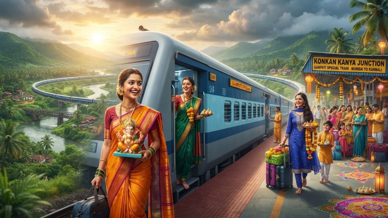 Central Railway passenger train operating special Ganpati festival services from Mumbai to the Konkan region of Maharashtra.