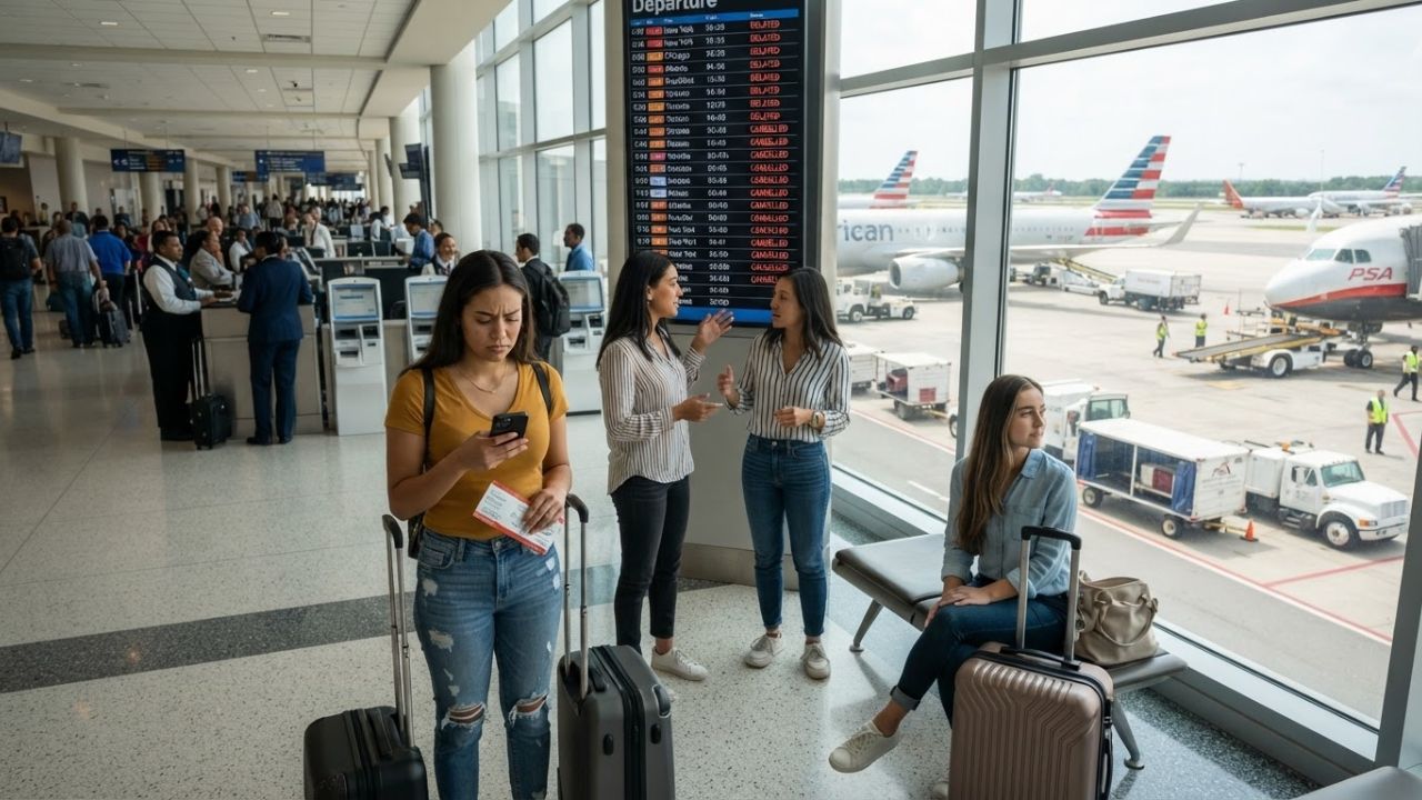 A busy passenger departure terminal at a major United States airport hub