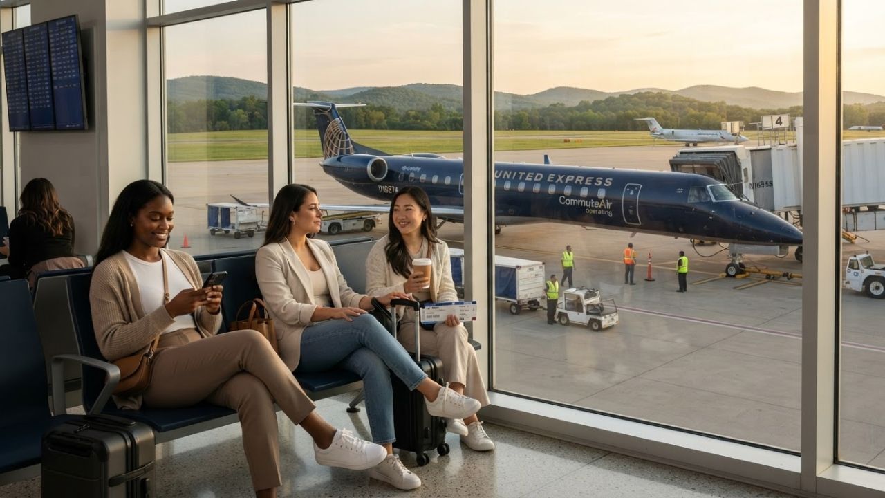 A regional commercial passenger jet parked at Charlottesville Albemarle Airport under clear skies with rolling Virginia Piedmont hills in the background
