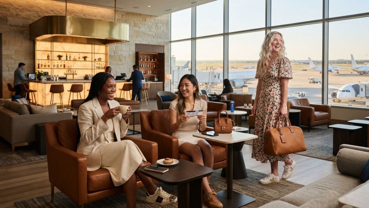 Premium split-level airport lounge interior with modern design and warm lighting