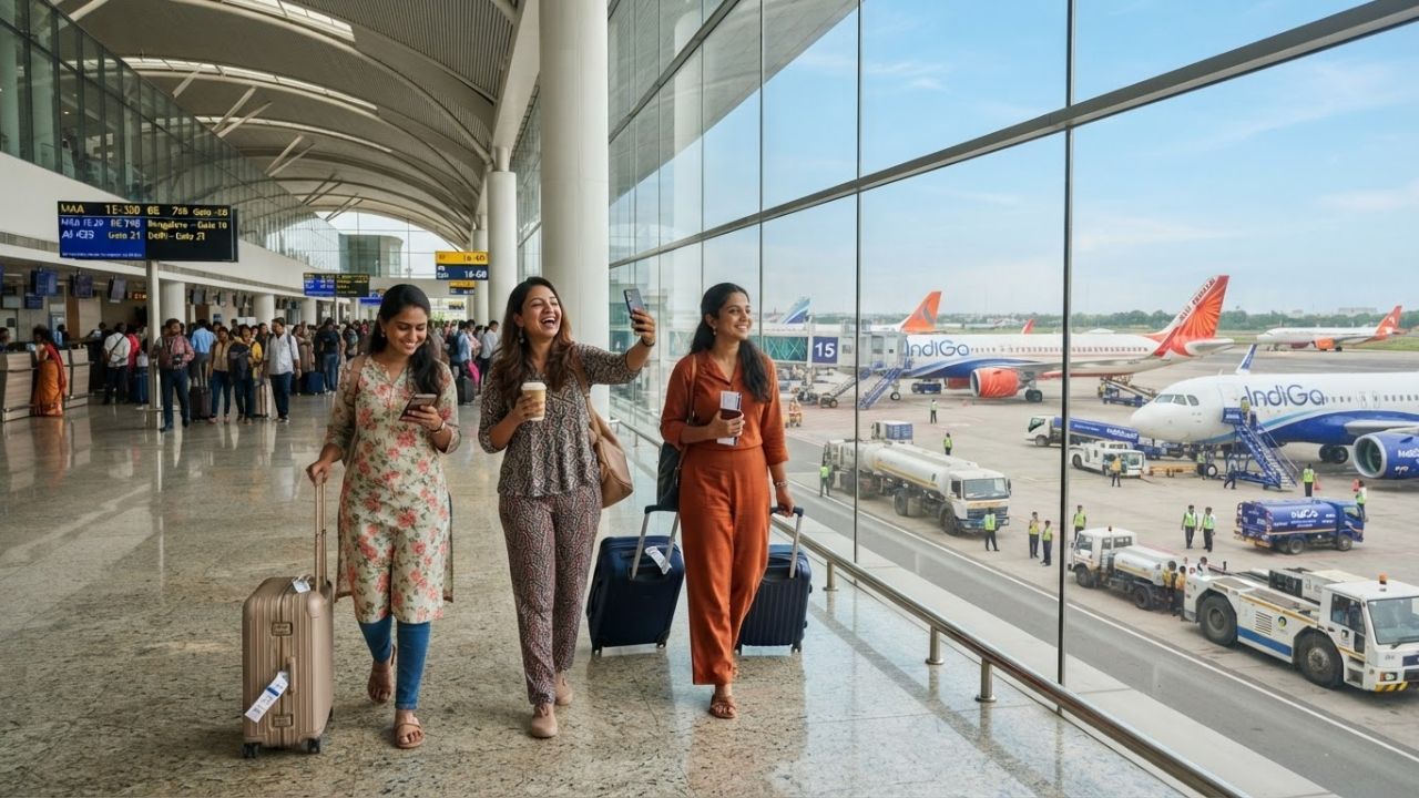 A view of Chennai International Airport terminal building with commercial aircraft at boarding gates