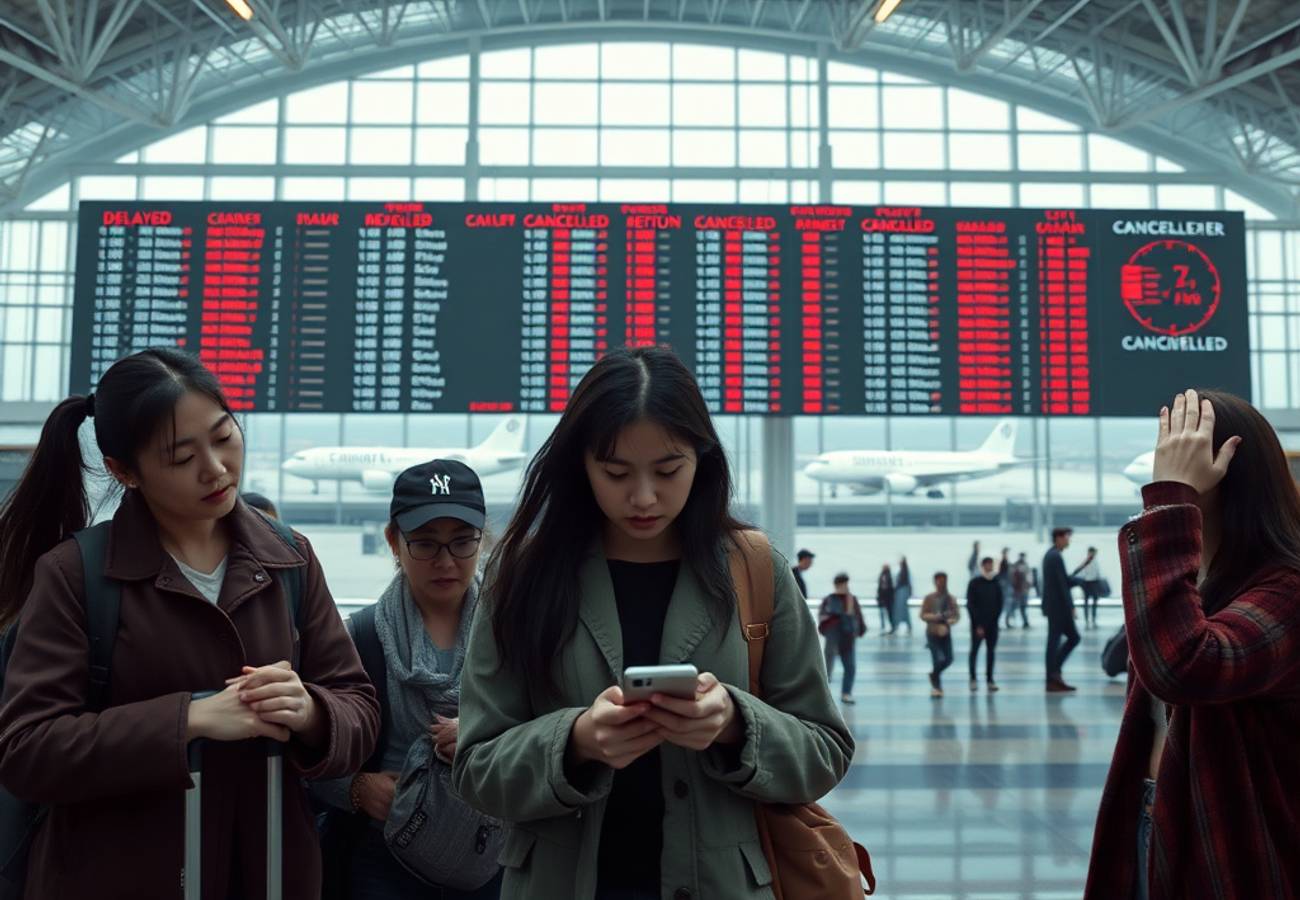 Aerial view of congested airport runways during peak flight disruption hours across multiple Chinese aviation hubs