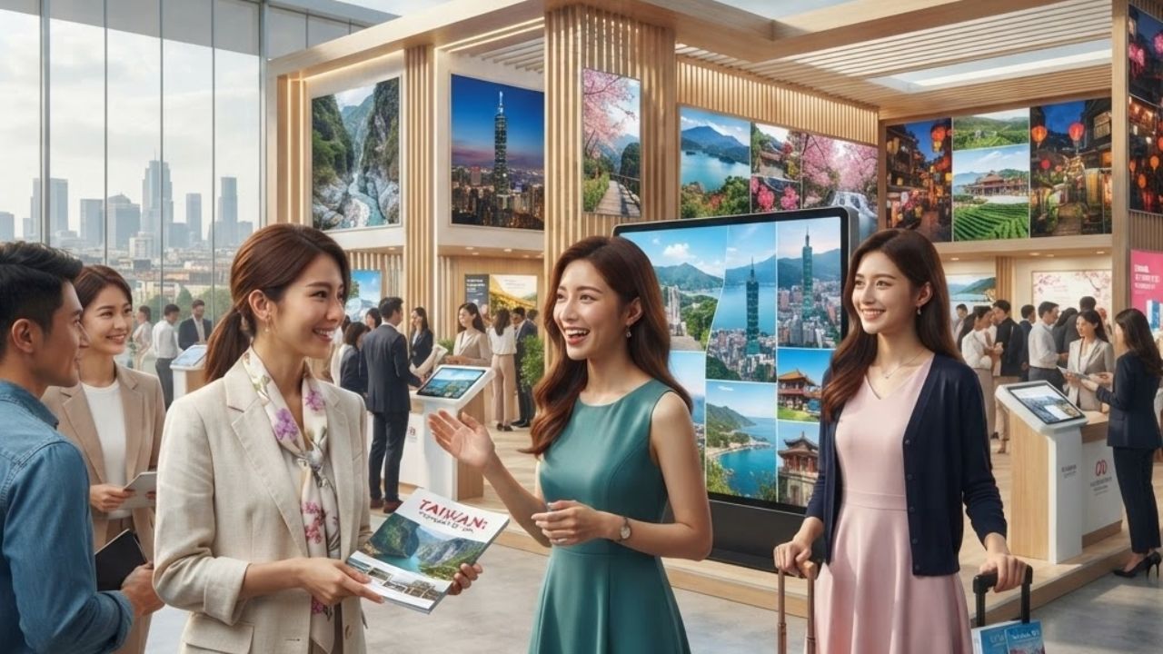 Exhibitors presenting travel destination guides at the Taiwan pavilion during a trade show