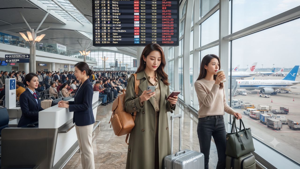 A view of terminal gates and passenger boarding bridges at a major Chinese airport with planes parked