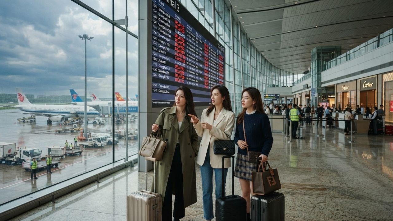 A busy terminal at Shanghai Pudong International Airport with flight departure screens showing delays