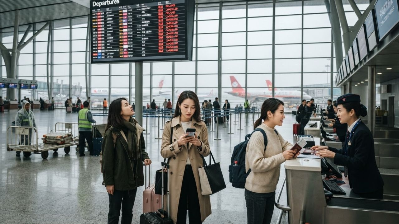 Airliner queue at departure taxiway of modern airport terminal