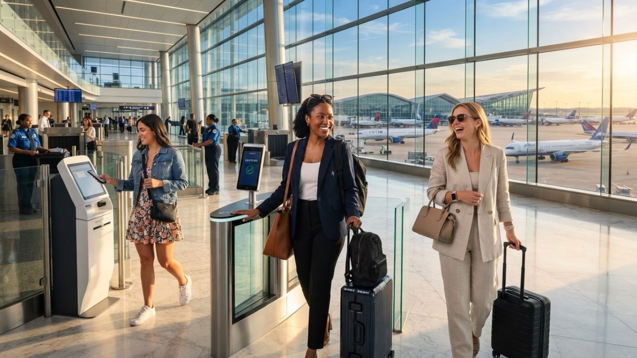 A passenger scans their face at a touchless biometric security gate inside a modern airport terminal