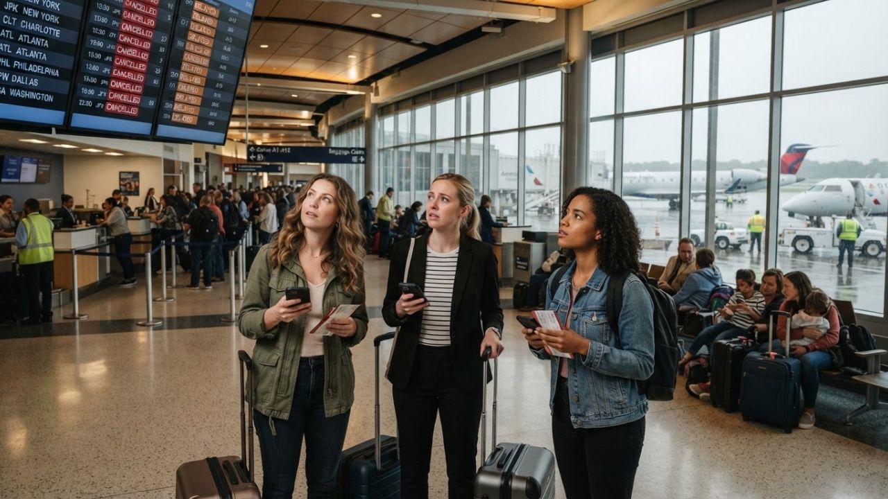 Departing passengers waiting at a Columbia Metro Airport gate during regional flight delays