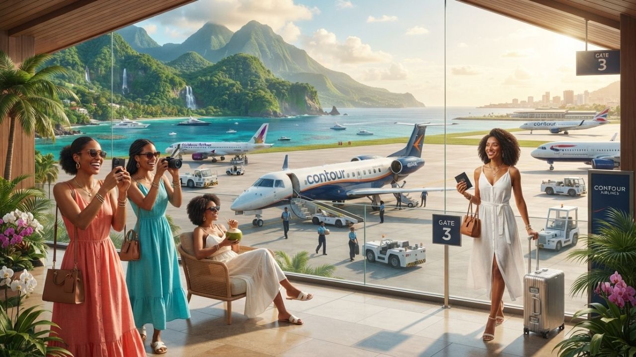 Contour Airlines regional passenger aircraft parked on the runway under Caribbean skies