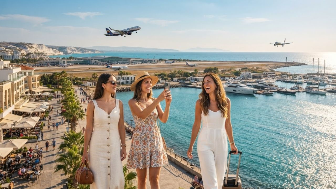 A scenic beach resort in Cyprus with flight paths overhead and clear Mediterranean waters