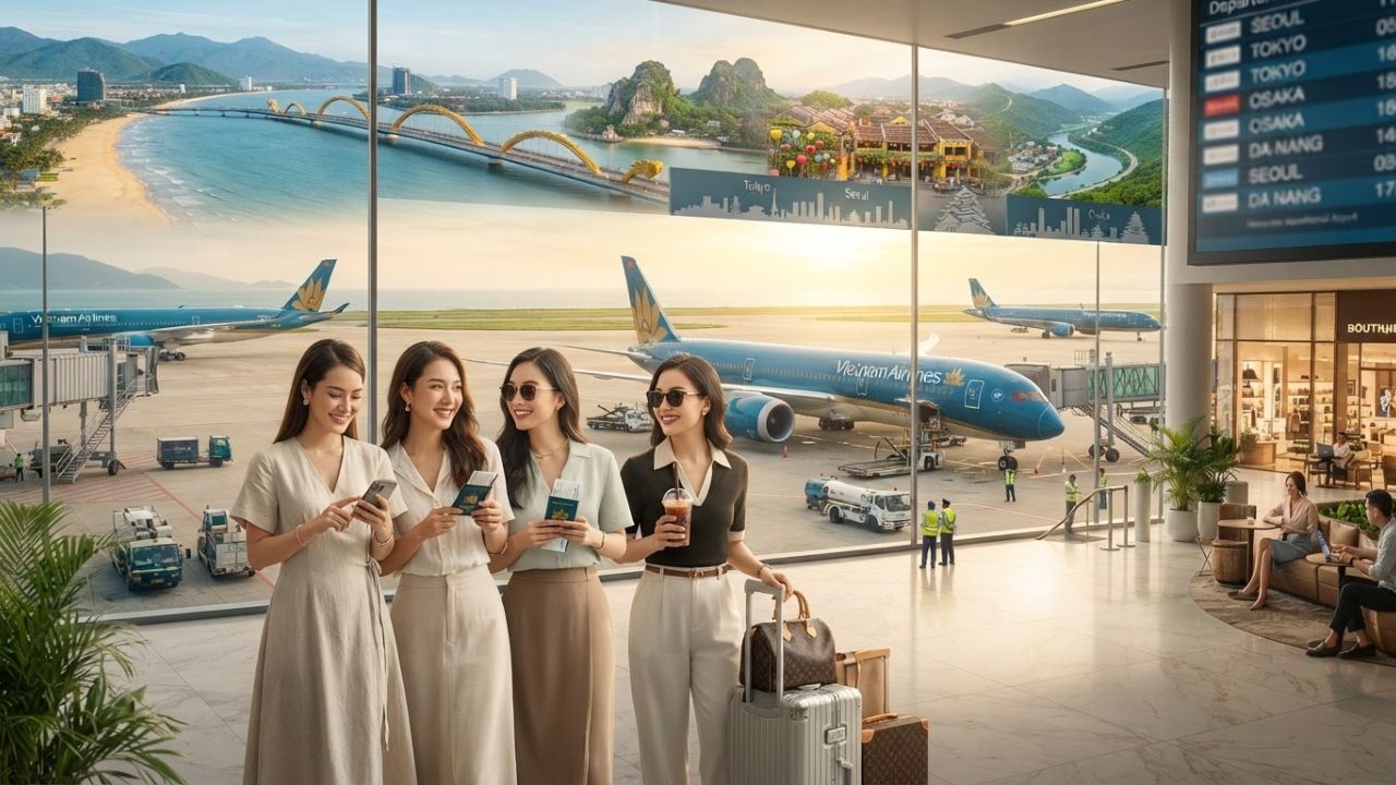 A Vietnam Airlines passenger airplane landing at Da Nang International Airport in Vietnam