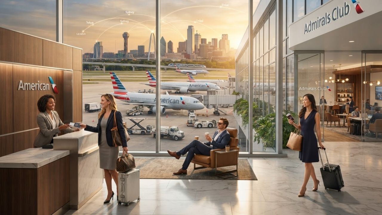A sleek modern airport lounge interior with comfortable seating and floor-to-ceiling windows looking out over a runway