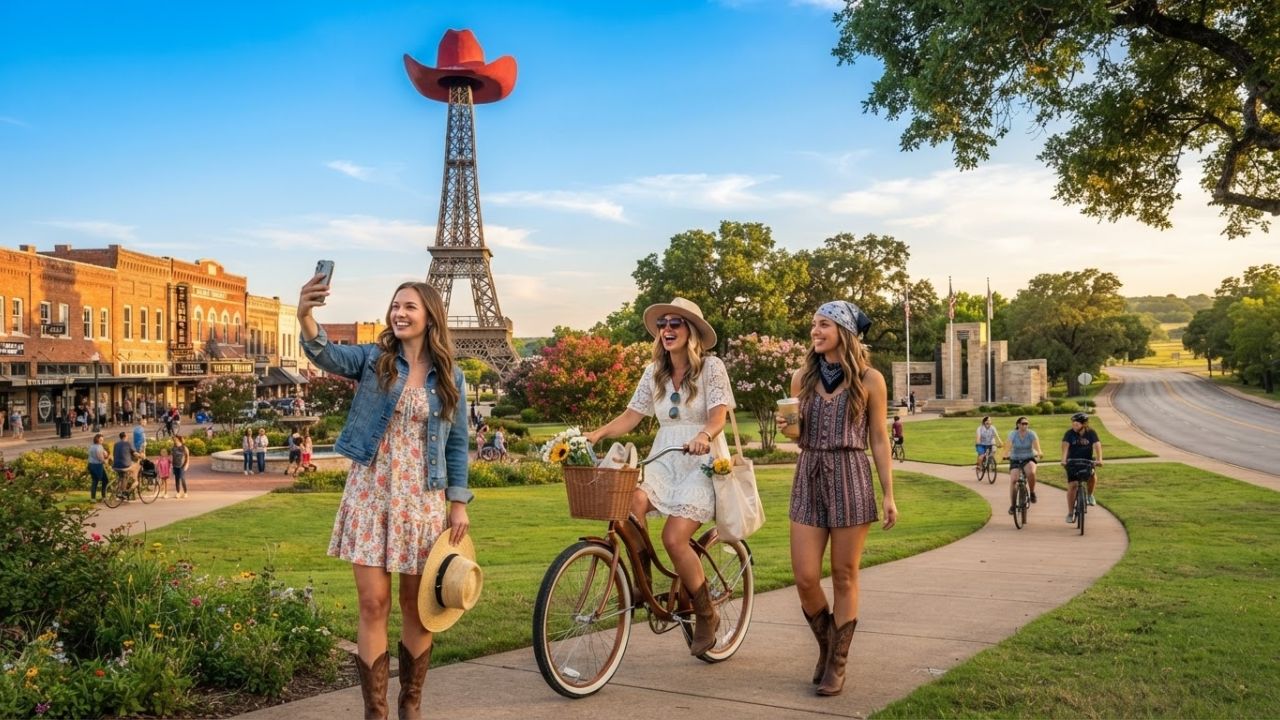 Eiffel tower replica wearing a red cowboy hat under Texas sky